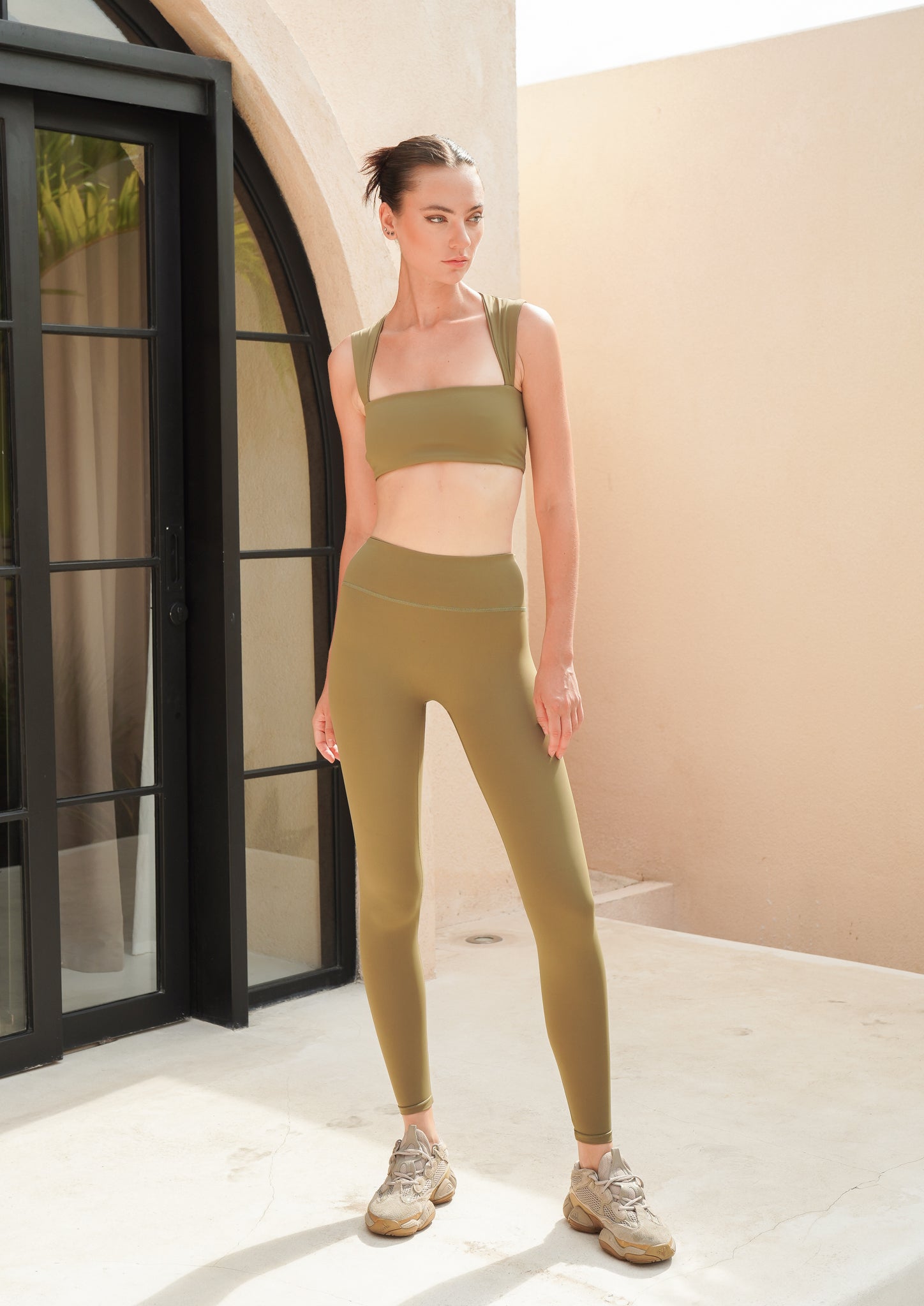 Solid Luna High-Waisted Long Legging in Olive Green