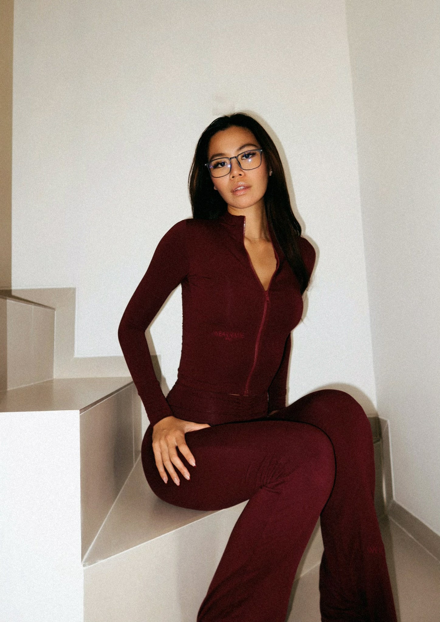 Core Luxe Scrunch Waist Flare Pants In Burgundy